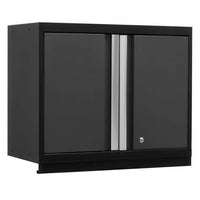 Black Wall Cabinet Featuring Dual Grey Doors A Tall Silver Grab Handle And A Lower Front Valance For Track Or Light Mounting