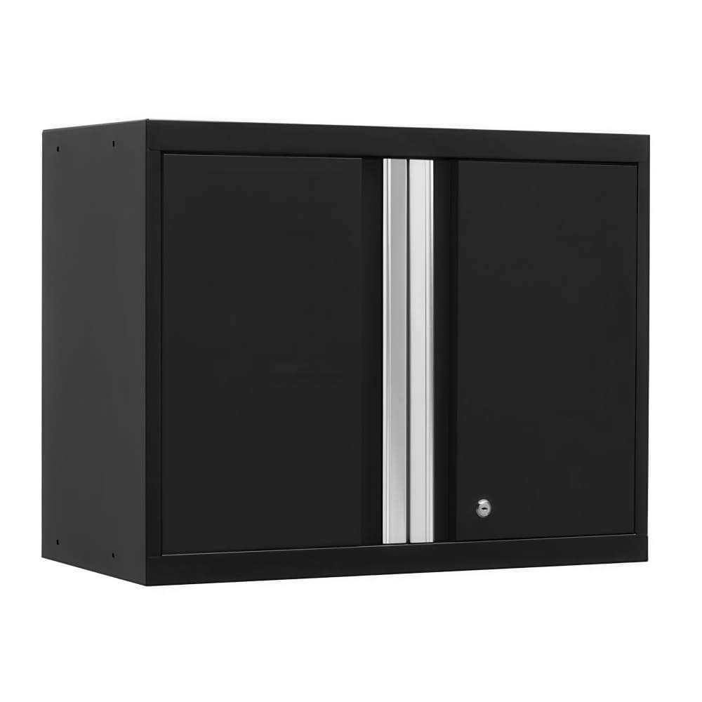 Black Wall Cabinet With Two Smooth Doors A Central Brushed Silver Handle Column And A Round Lock Set At The Lower Right Corner