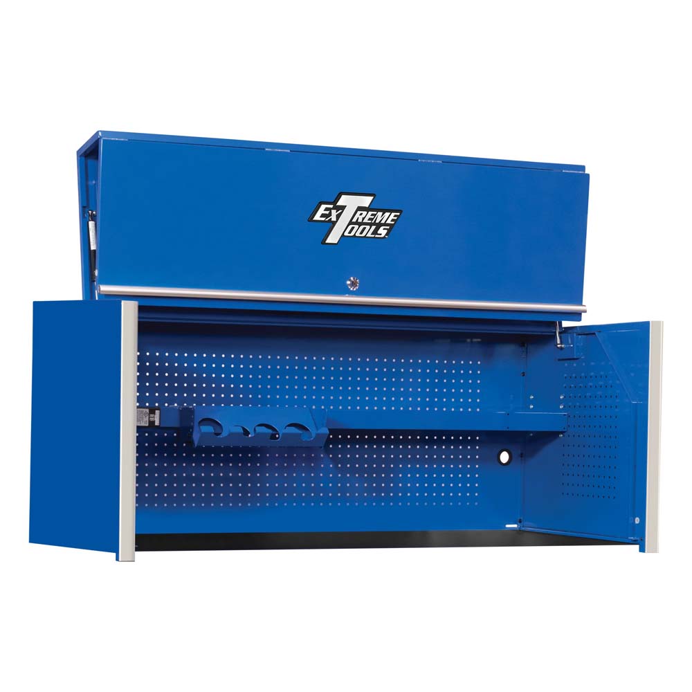 Blue 55 Inch Tool Box Hutch By Extreme Tools With An Open Upper Compartment And Silver Accents On The Edges