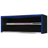 Blue And Black Extreme Tools 72 Inch Tool Box Hutch With An Open Front Revealing A Metal Shelf And A Built In Power Strip Inside