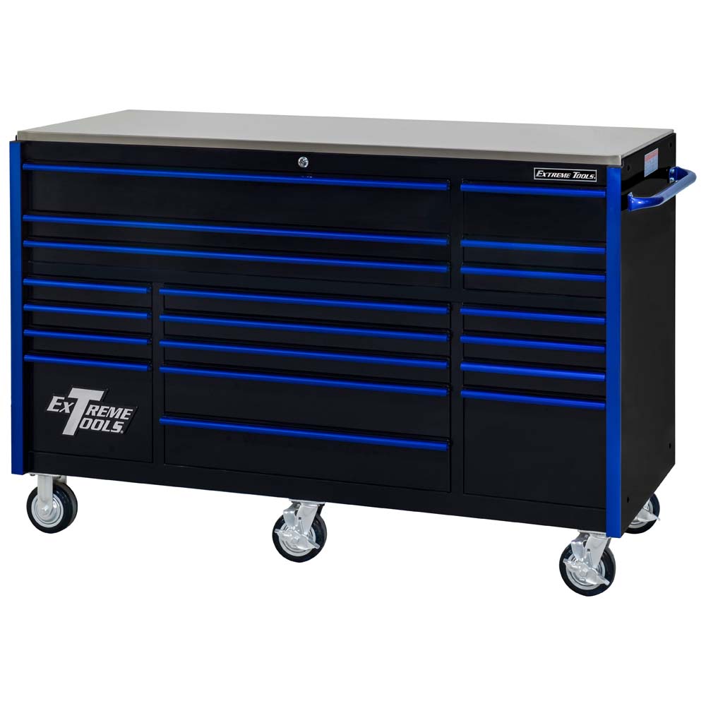 Blue And Black Extreme Tools Roller Cabinet With Multiple Drawers All Closed With Stainless Steel Top