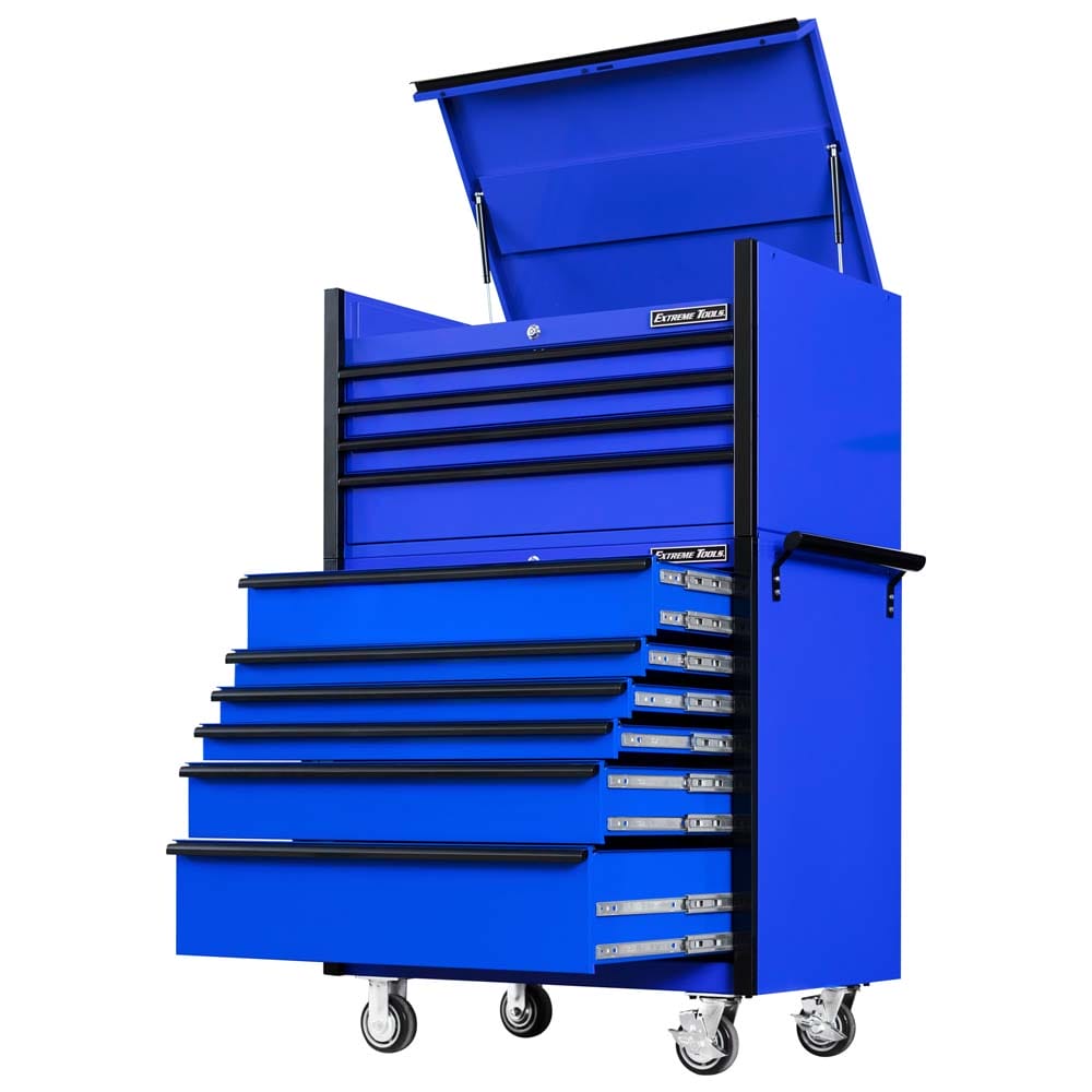 Blue And Black Extreme Tools Rolling Tool Cabinet With Its Lid And All Drawers Open Showcasing Its Ample Storage Capacity Supported By Caster Wheels