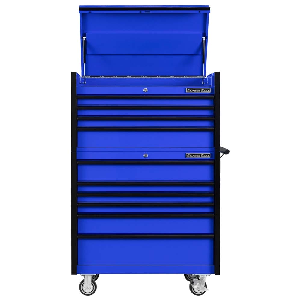 Blue And Black Extreme Tools Rolling Tool Cabinet With Its Lid Open Revealing Several Closed Drawers And Caster Wheels At The Base