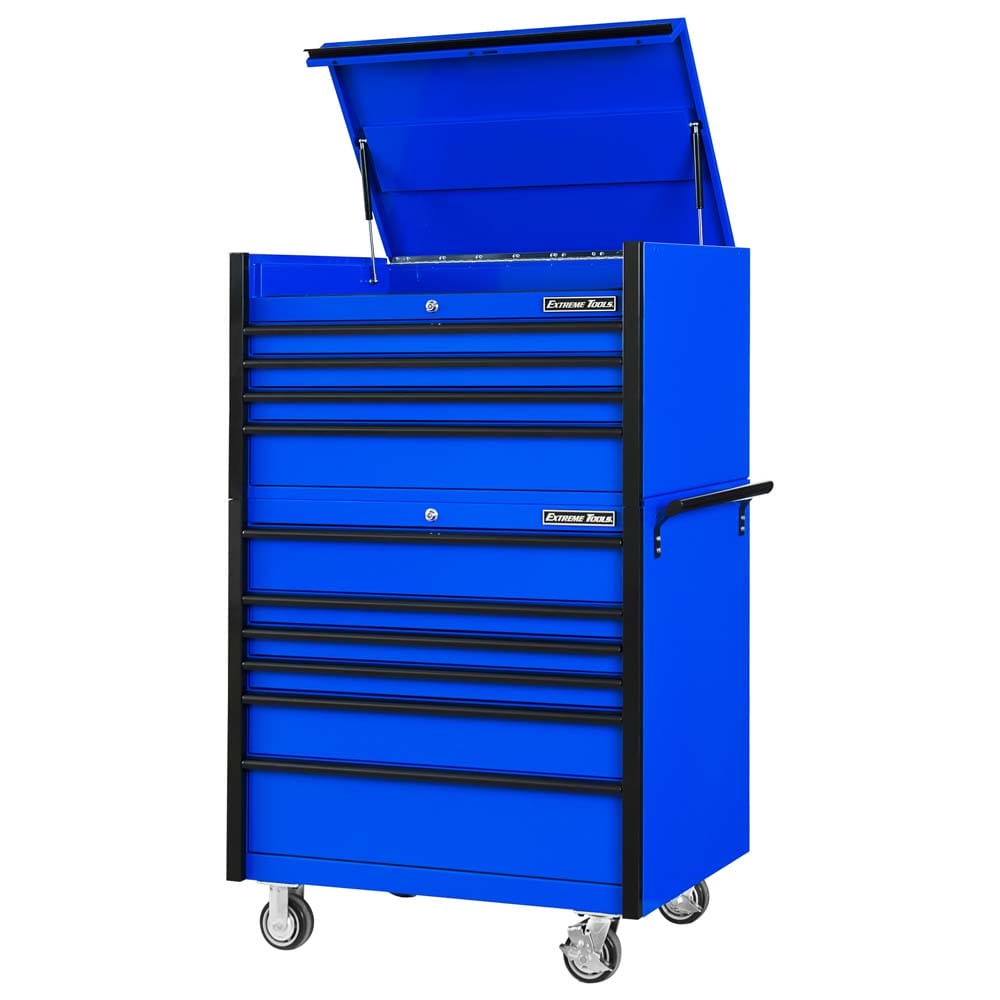 Blue And Black Extreme Tools Rolling Tool Cabinet With Its Lid Open Showcasing Multiple Closed Drawers And Caster Wheels