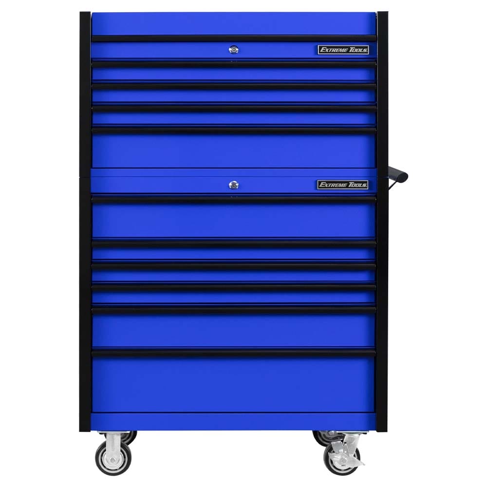 Blue And Black Extreme Tools Rolling Tool Cabinet With Multiple Drawers All Closed And Equipped With Caster Wheels For Mobility