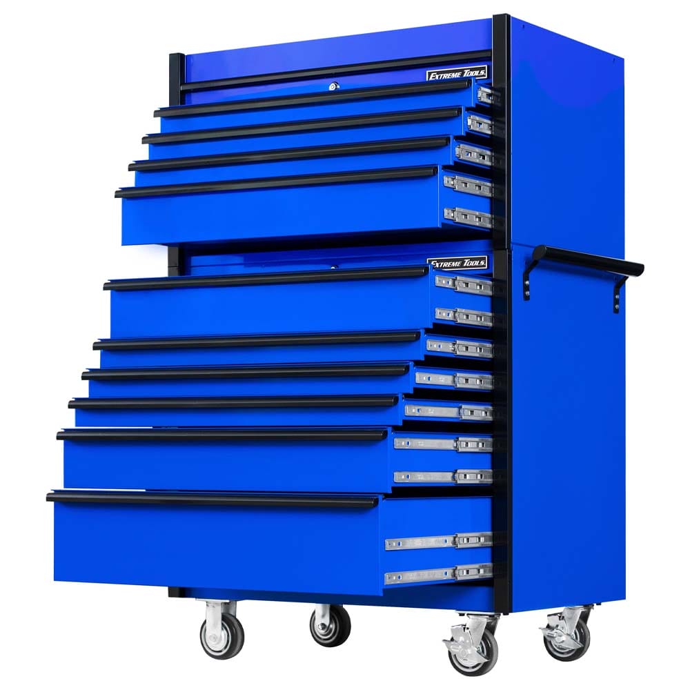Blue And Black Extreme Tools Rolling Tool Cabinet With Multiple Drawers All Of Which Are Open Featuring The Extensive Storage Space With The Cabinet Mounted On Caster Wheels