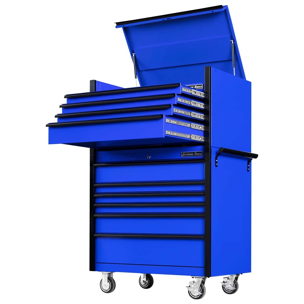 Blue And Black Extreme Tools Rolling Tool Cabinet With its Lid Open And Multiple Drawers Partially Pulled Out Highlighting The Storage Options And Featuring Caster Wheels