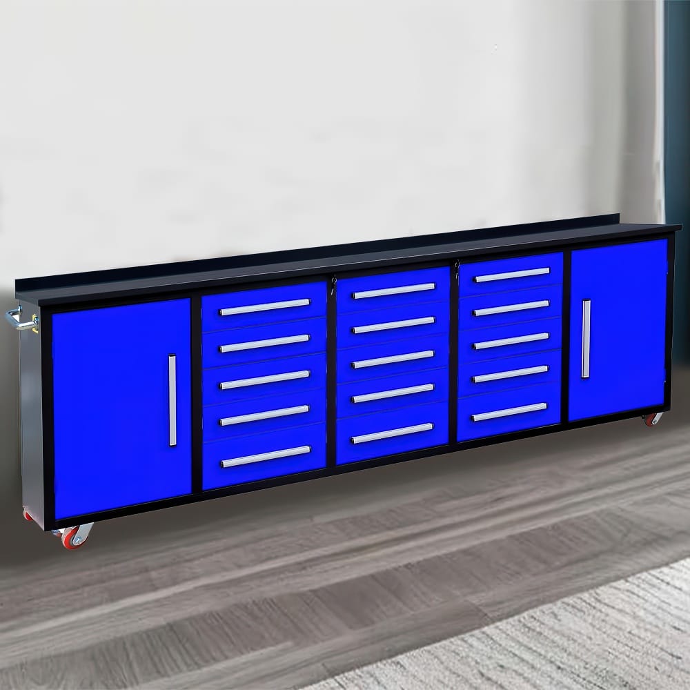 Blue And Black Rolling Garage Workstation With Center Drawers Side Cabinets And A Top Work Surface