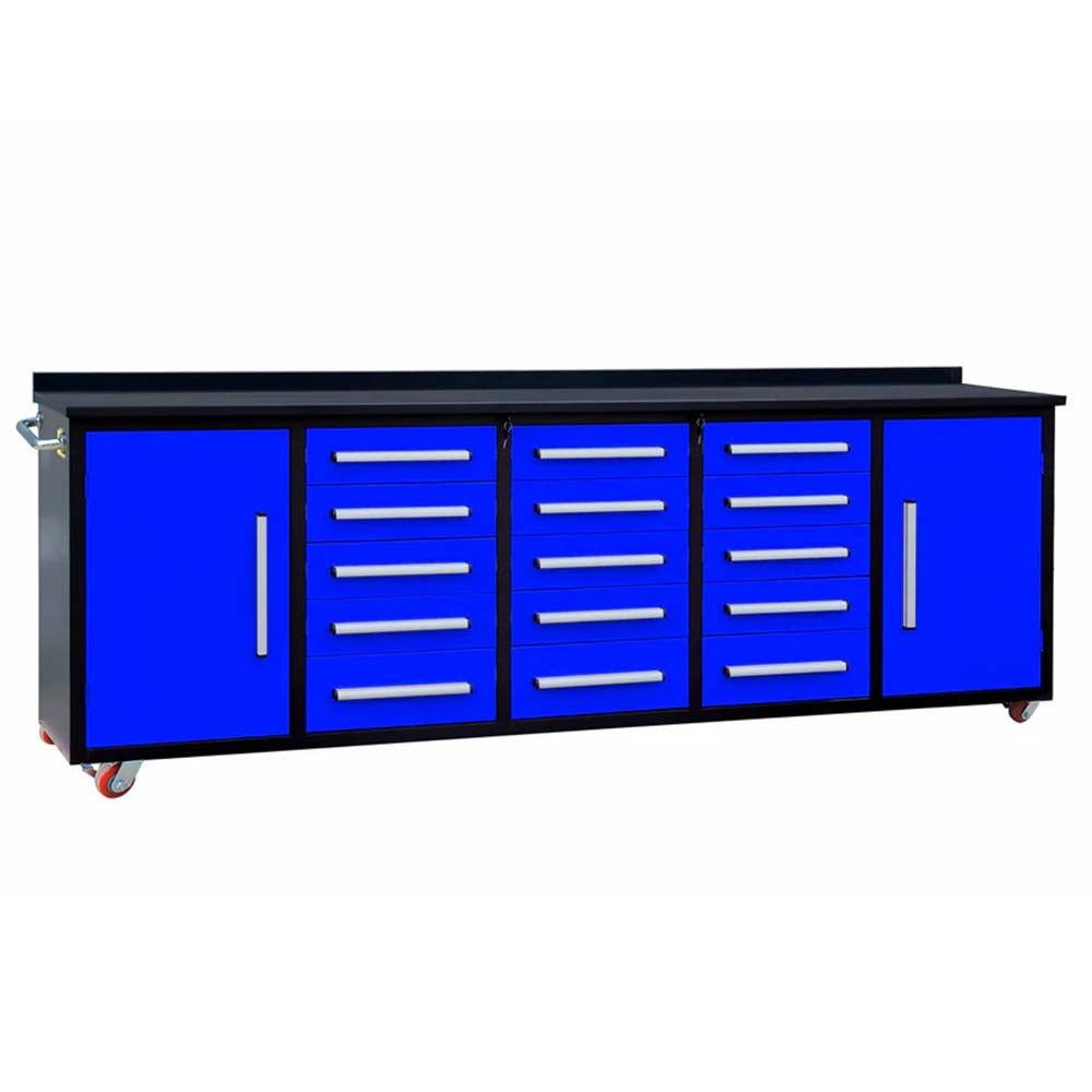Blue And Black Ten Foot Workbench With Fifteen Drawers Two End Cabinets And Rolling Casters