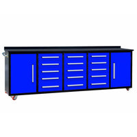 Blue And Black Ten Foot Workbench With Fifteen Drawers Two End Cabinets And Rolling Casters