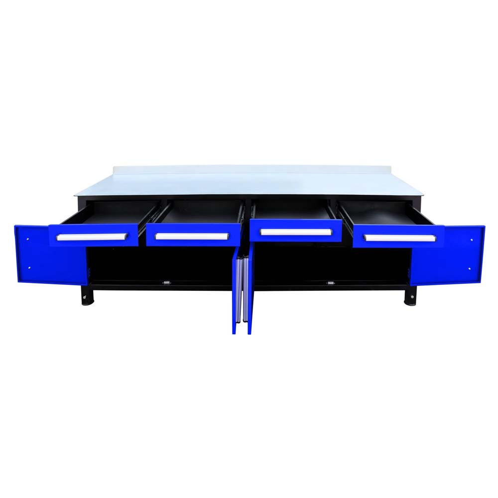 Blue And Black Workbench With All Drawers Open And Center Cabinet Doors