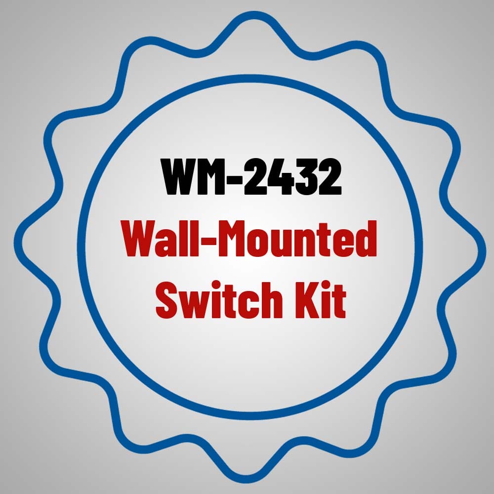 Blue Badge With A Scalloped Edge Featuring The Text WM-2432 Wall Mounted Switch Kit In Red