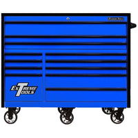 Blue Extreme Tools 55 Roller Cabinet With Multiple Black Handled Drawers Mounted On Caster Wheels