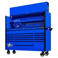 Blue Extreme Tools Cabinet With Its Top Hutch Open Revealing A Perforated Pegboard Backing And Tool Organizer