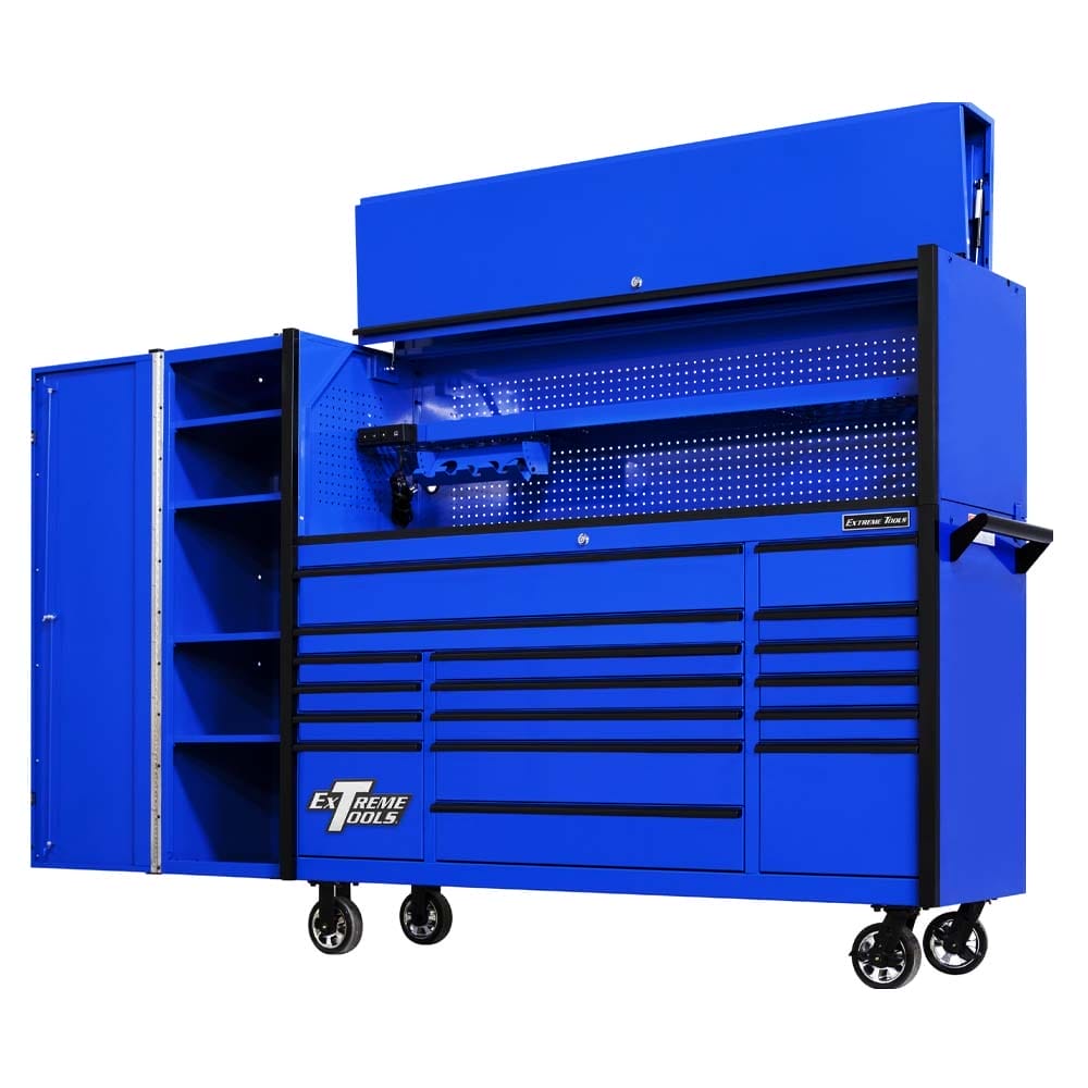 Blue Extreme Tools Cabinet With The Top Hutch And Side Locker Fully Open Showcasing Internal Shelving Pegboard Tool Storage And Drawer Compartments