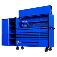 Blue Extreme Tools Cabinet With The Top Hutch And Side Locker Fully Open Showcasing Internal Shelving Pegboard Tool Storage And Drawer Compartments