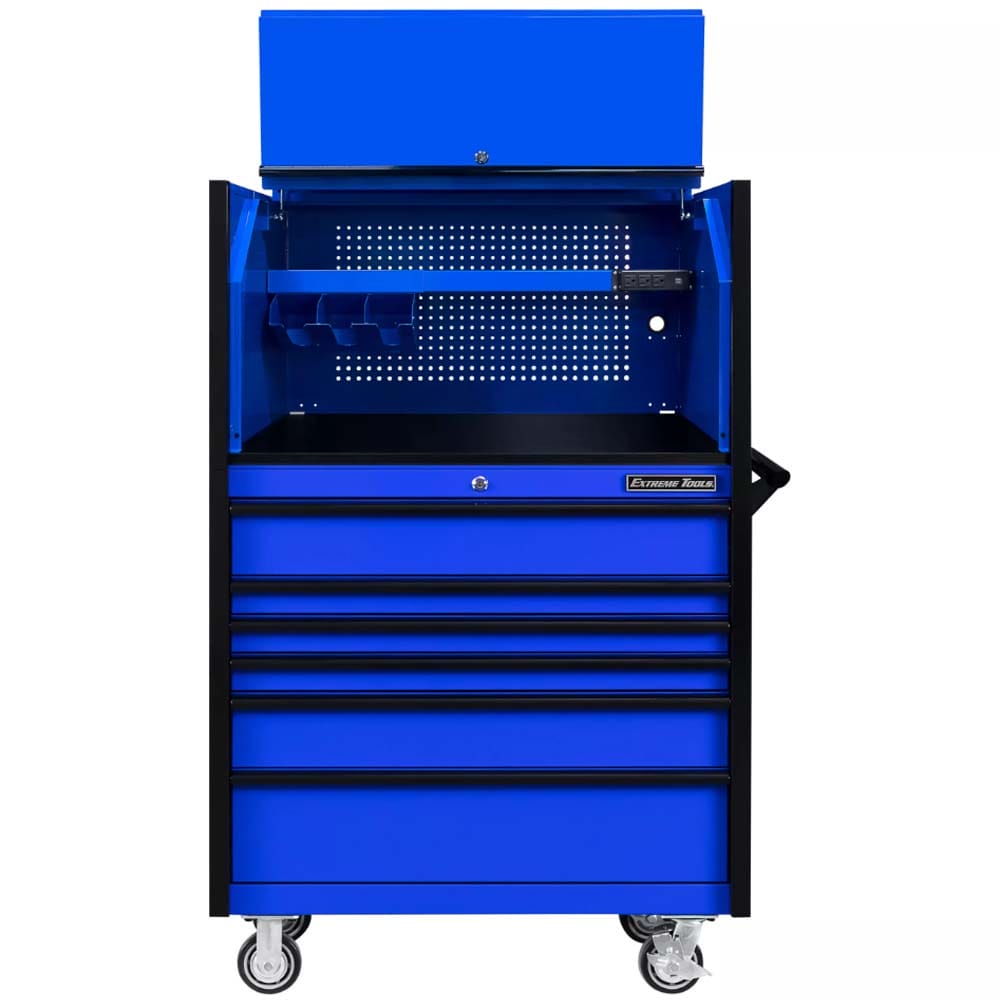 Blue Extreme Tools DX 41 With Multiple Drawers An Open Top Section Featuring A Pegboard Back, A Shelf, And A Side Handle