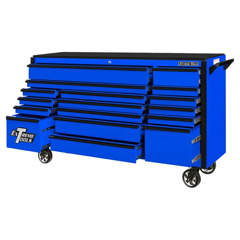 Blue Extreme Tools DX Drawer Roller Cabinet With Multiple Drawers And A Black Top