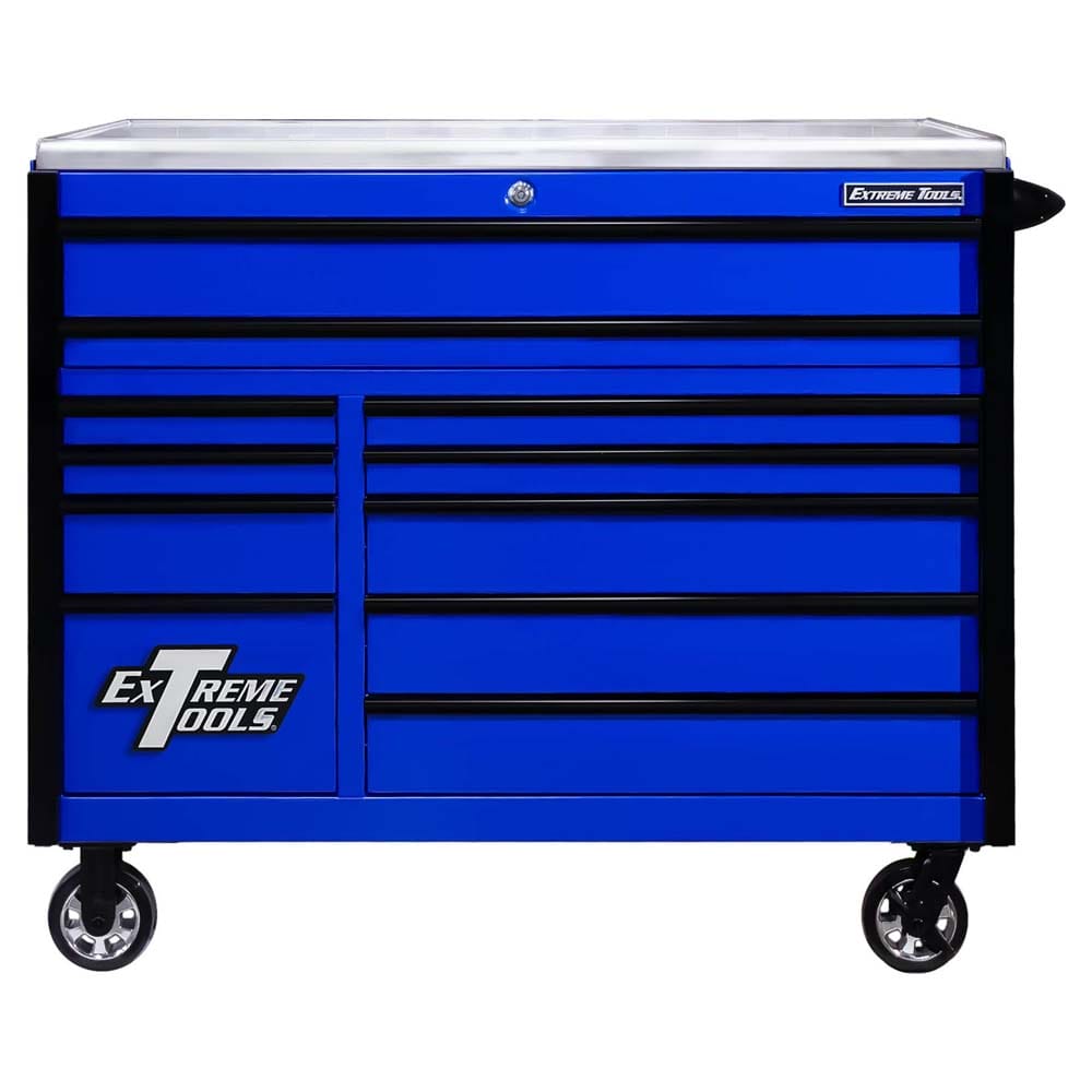 Blue Extreme Tools EX5511RC Roller Cabinet With Black Drawer Handles And Side Panels Featuring A Top Work Surface And Mounted On Caster Wheels