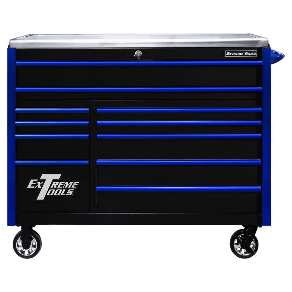 Blue Extreme Tools EX Drawers With A Top Work Surface Mounted On Caster Wheels