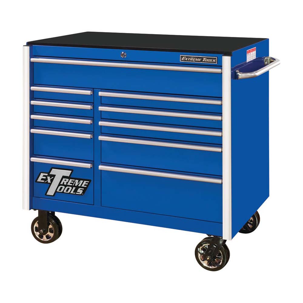 Blue Extreme Tools RX Series 41 11 On Wheels With Multiple Drawers Of Varying Sizes Featuring Chrome Handles And A Black Work Surface On Top