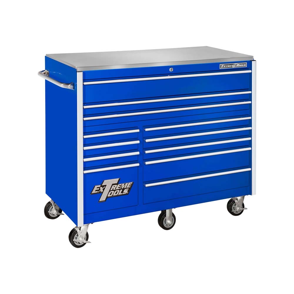 Blue Extreme Tools RX Series 55 12-Drawers With All Drawers Closed Featuring A Side Handle Stainless Steel Top And Caster Wheels