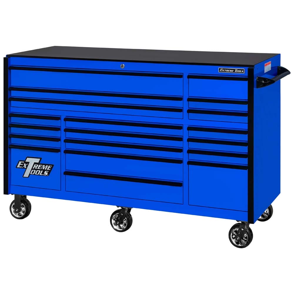 Blue Extreme Tools RX Series 72 Tool Chest With Multiple Drawers And Wheels Branded With The Extreme Tools Logo On The Fronta\