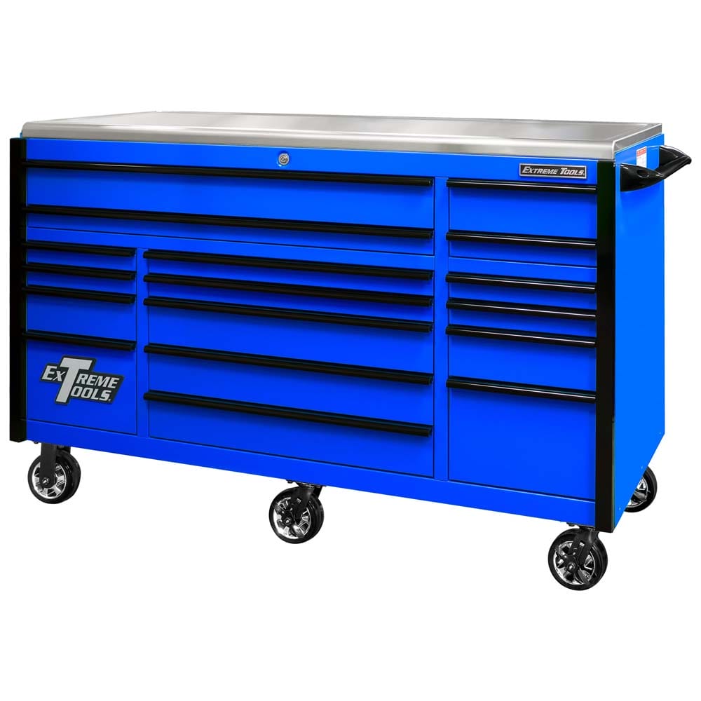 Blue Extreme Tools Roller Cabinet Tool Box With Multiple Black Accented Drawers And A Stainless Steel Top Mounted On Caster Wheels