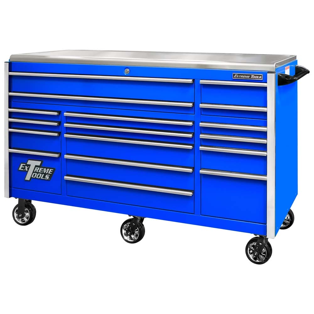 Blue Extreme Tools Roller Cabinet Workbench With Stainless Steel Accented Drawers, A Stainless Steel Top And Caster Wheels