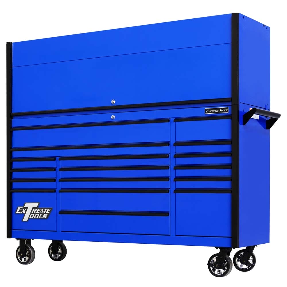 Blue Extreme Tools Rolling Tool Cabinet With Black Trim Equipped With Multiple Drawers Side Handle And Heavy-Duty Caster Wheels