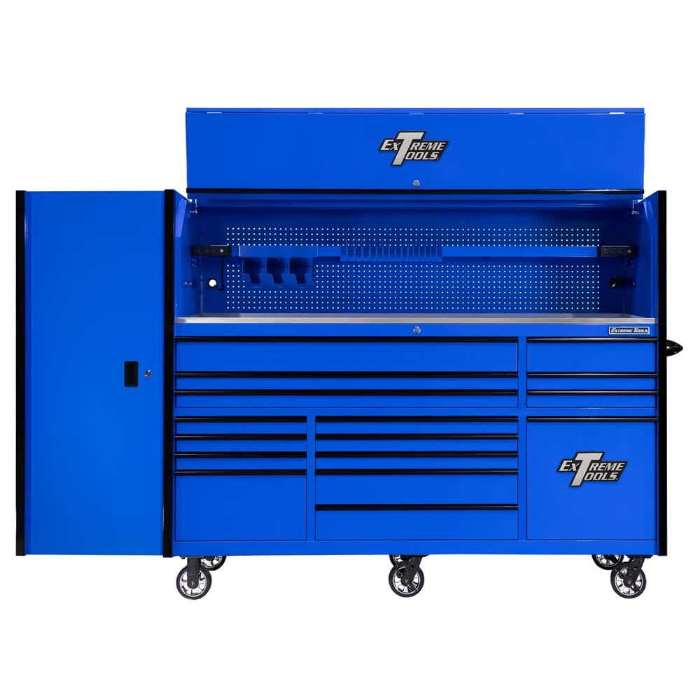 Blue Extreme Tools Rolling Tool Chest With An Open Top Hutch Pegboard Backing Multiple Drawers Caster Wheels And A Tall Left-Side Locker Cabinet With The Door Open