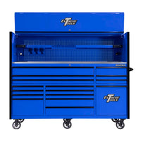 Blue Extreme Tools Rolling Tool Chest With An Open Top Hutch Perforated Pegboard Back Panel Multiple Drawers And Heavy-Duty Caster Wheel