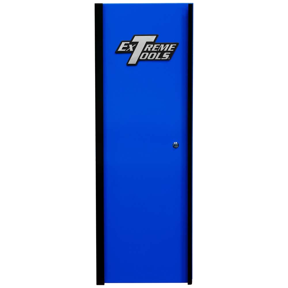 Blue Extreme Tools Side Cabinet Tool Box Locker With Black Edges And The Door Closed Displaying The Extreme Tools Logo On The Front