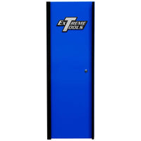 Blue Extreme Tools Side Cabinet Tool Box Locker With Black Edges And The Door Closed Displaying The Extreme Tools Logo On The Front