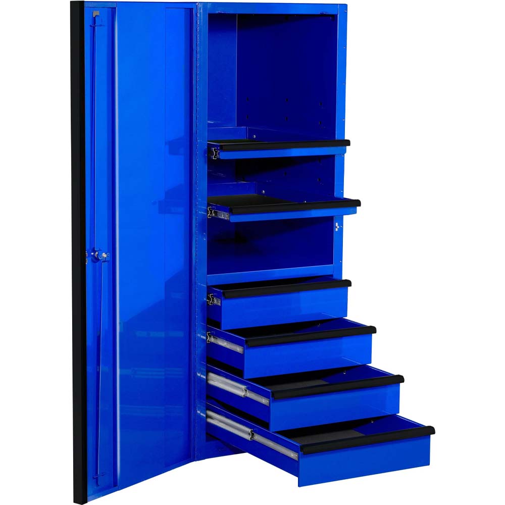 Blue Extreme Tools Side Cabinet Tool Box Locker With Its Door Open, Displaying A Series Of Black Edged Drawers And Shelves Inside