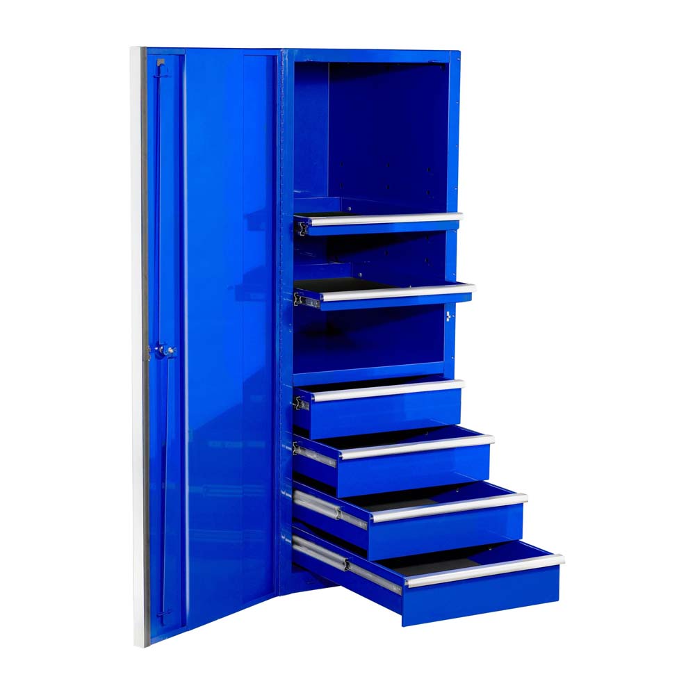Blue Extreme Tools Side Cabinet Tool Box With Drawers With Its Door Open, Revealing Several Drawers And Shelves Inside