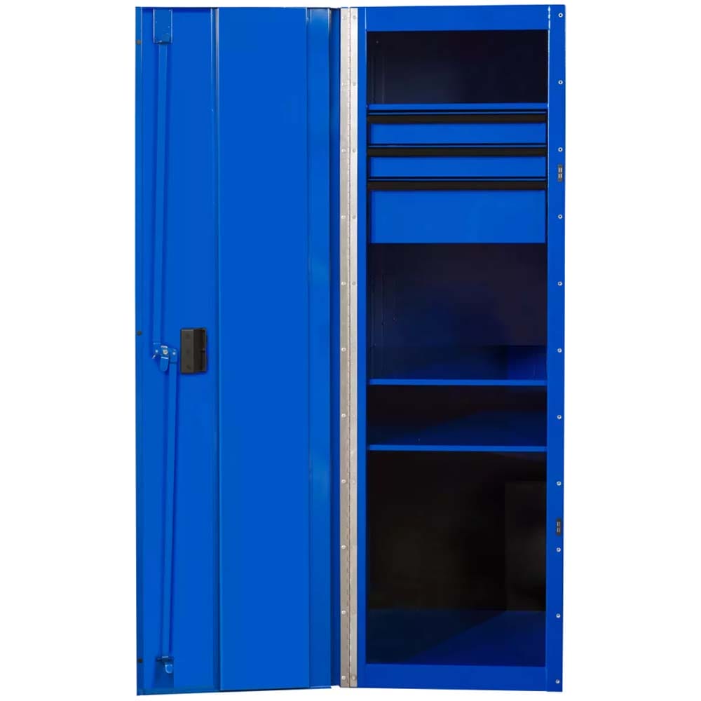 Blue Extreme Tools Tool Chest Side Cabinets With Its Door Open, Revealing Three Drawers At The Top And Three Shelves Below