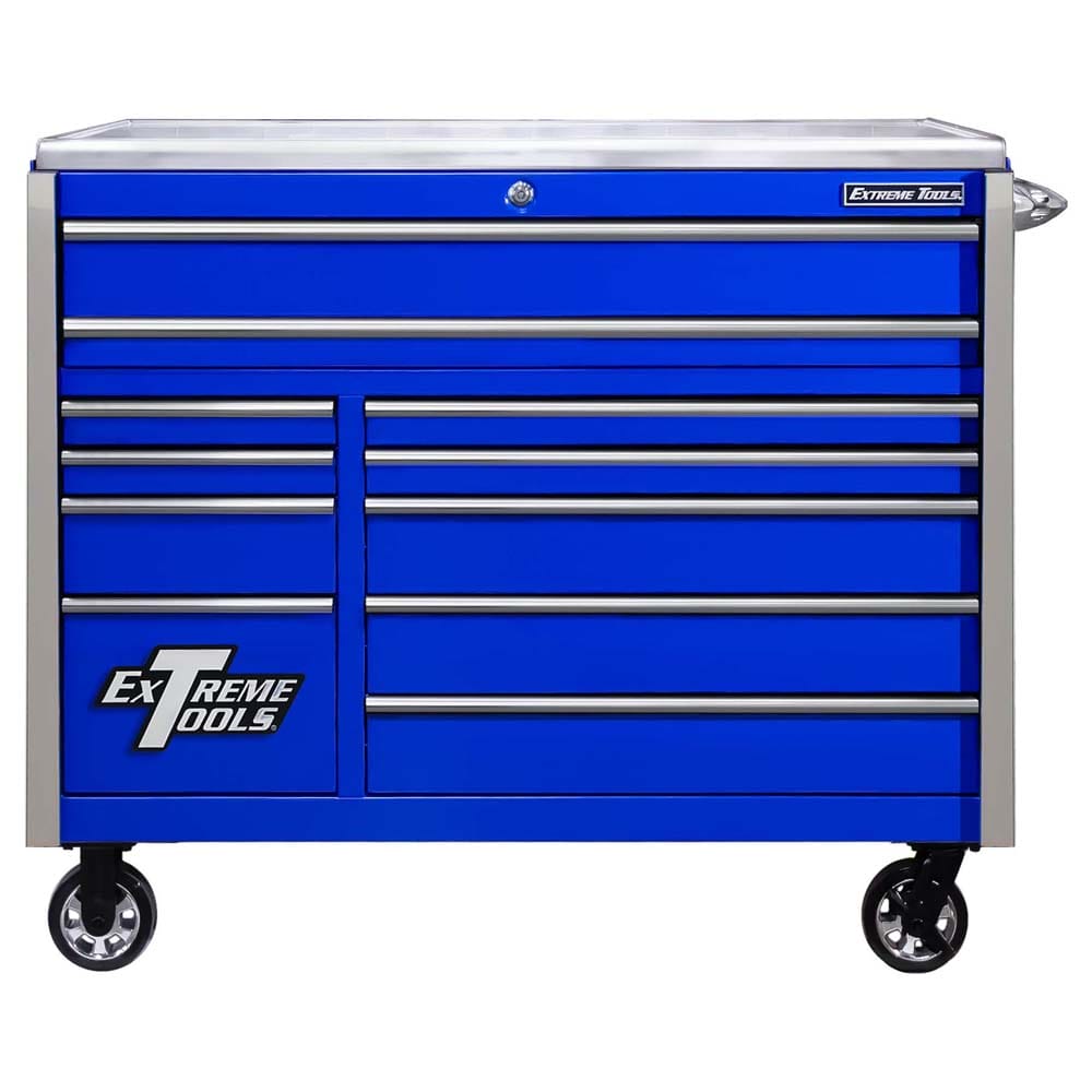 Blue Extreme Tools Tool Chest With Silver Drawer Handles And Side Panels Featuring A Top Work Surface And Mounted On Caster Wheels