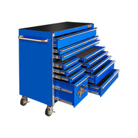 Blue Extreme Tools Tool Roller Cabinet With Multiple Drawers Open, A Side Handle, And Caster Wheels