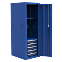 Blue Homak 24 Side Locker With An Open Door, Revealing Two Shelves At The Top And Five Drawers At The Bottom