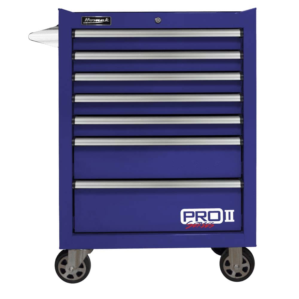 Blue Homak 27 7-Drawer Roller Cabinet, A Lock On The Top, And Four Caster Wheels