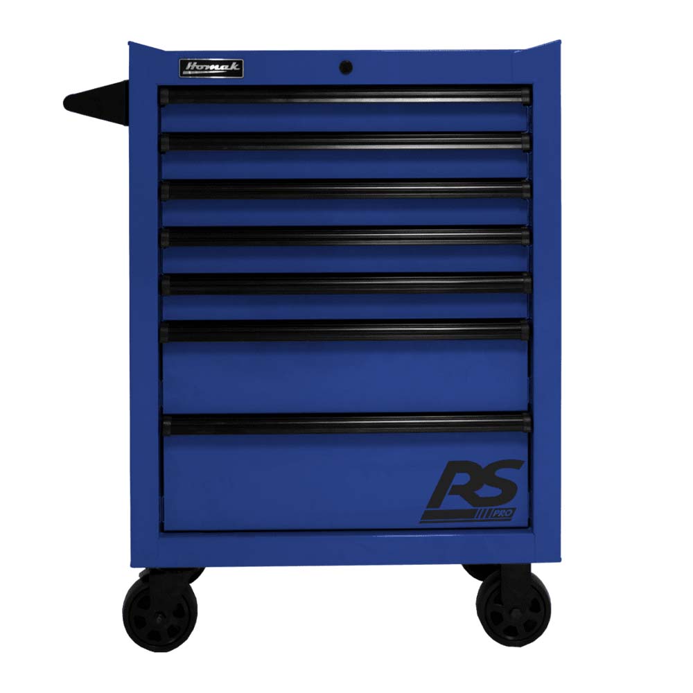 Blue Homak 27 RS Pro 7-Drawer Roller Cabinet Black Handles And Wheels