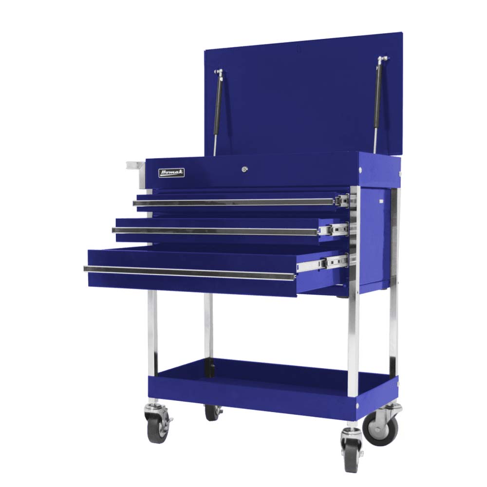 Blue Homak 34 3 Drawer Service Cart With Multiple Drawers And A Top Compartment Mounted On Four Caster Wheels