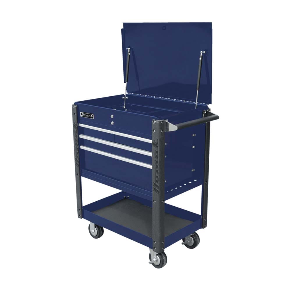 Blue Homak 35 4 Drawer Service Cart With A Top Compartment, Three Drawers, And A Bottom Shelf, Supported By Four Caster Wheels And A Handle On The Side