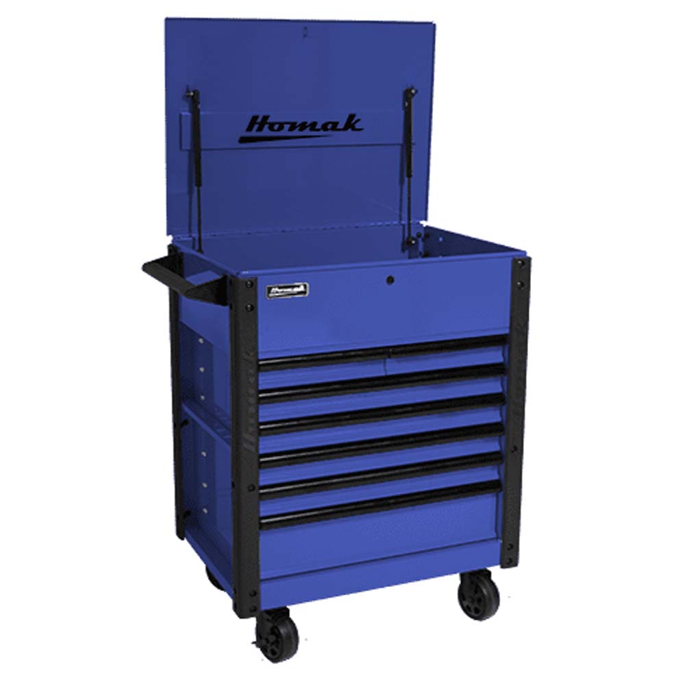 Blue Homak 35 Service Cart With Multiple Drawers, An Open Top Compartment, And Wheels