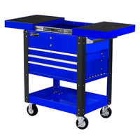 Blue Homak 35 Slide Top Service Cart With Multiple Drawers, A Top Compartment, Two Side Trays, And Four Caster Wheels
