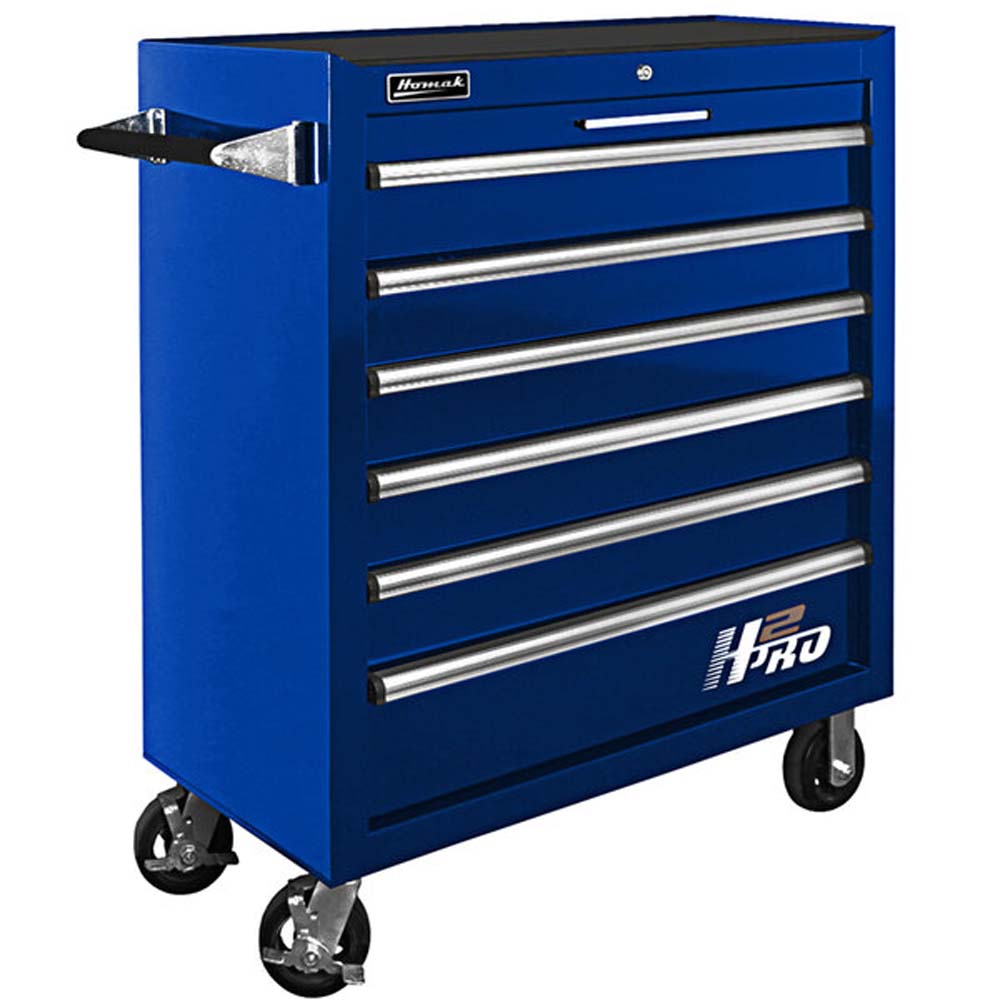 Blue Homak 36 6-Drawer Roller Cabinet, Stainless Steel Drawer Pulls A Locking Mechanism And Caster Wheels