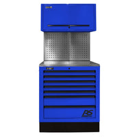 Blue Homak 36 Combo With Multiple Drawers, A Pegboard Section In The Middle, And A Stainless Steel Work Surface