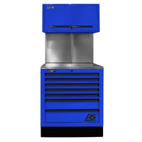 Blue Homak 36 Inch CTS With Multiple Drawers And A Top Cabinet, Featuring A Stainless Steel Work Surface In The Middle