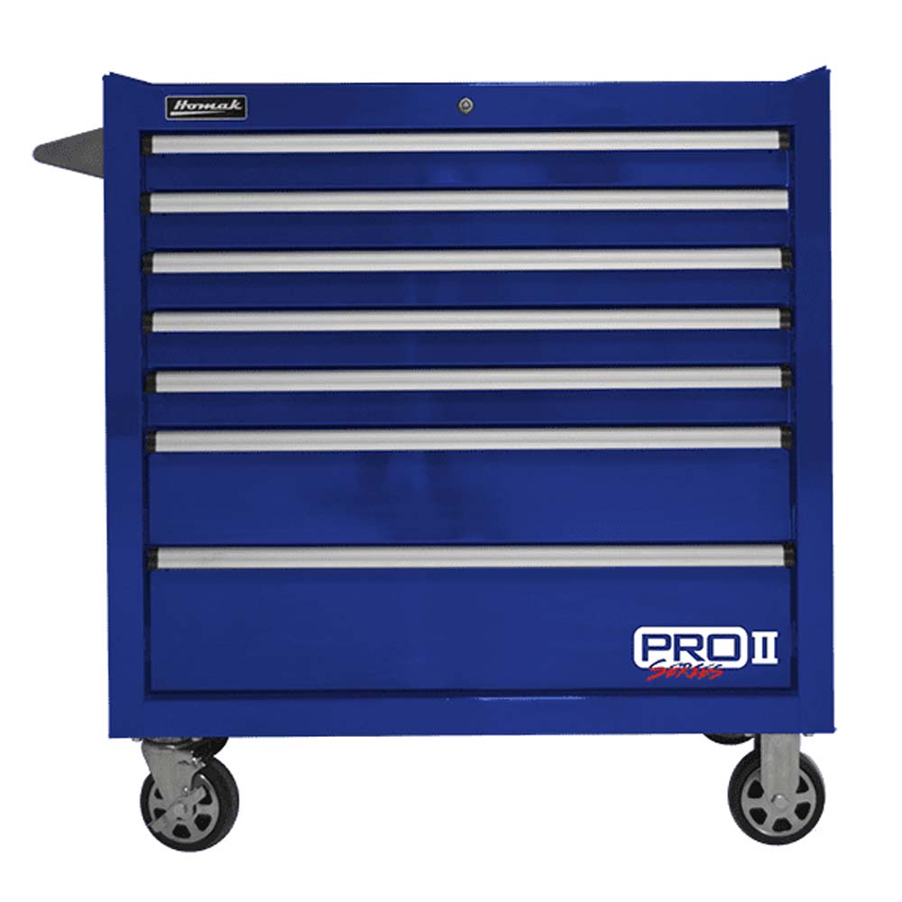 Blue Homak 36 Pro II Roller Cabinet With Multiple Drawers And The Pro II Logo